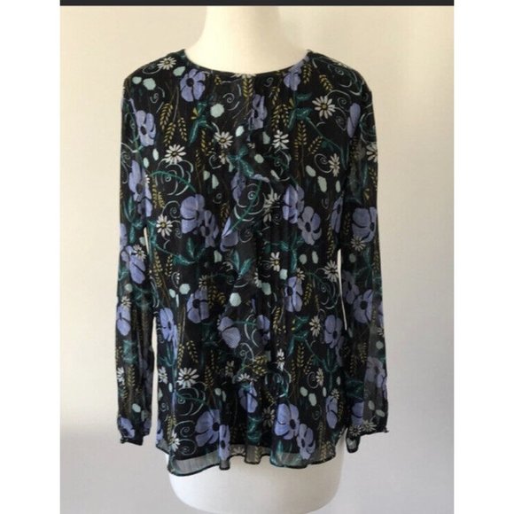 Banana Republic M Boho Blouse Floral Ruffle Pleats Medium Black Blue Green Daisy - Picture 1 of 8